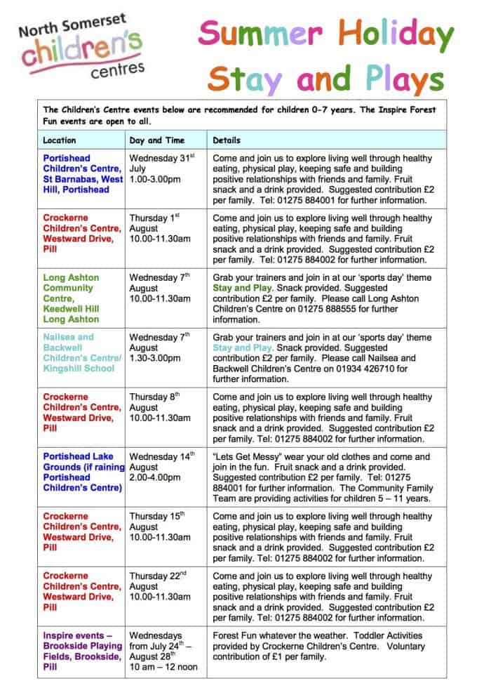 North Somerset Children's Centre Summer Holiday Timetable 2013