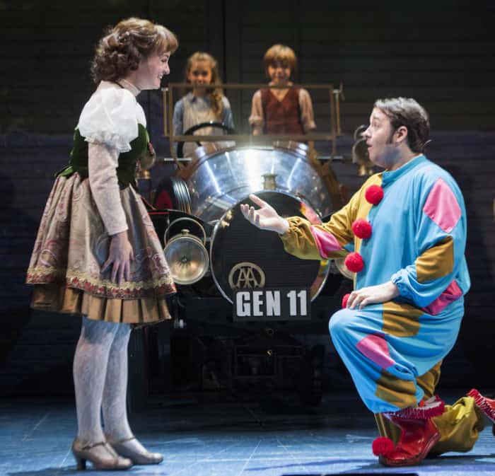 Jason Manford as Caracatus Potts and Charlotte Wakefield as Truly Scrumptious driving Chitty Chitty Bang Bang