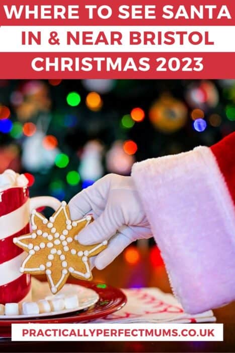 Best Santa Grottos Bristol and Nearby featured image. A Father Christmas image has text over it saying, 'Where to see Santa in and around Bristol Christmas 2023"