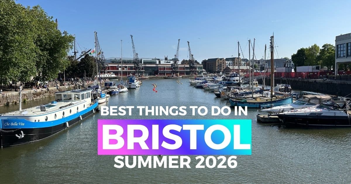 Featured image with text "Best things to do summer 2026 in and around Bristol" over a photo of Bristol Harbour and the MShed cranes